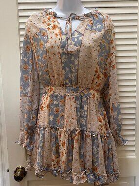 Boho Floral Cottagecore Mini Dress Romantic Ruffle Size S